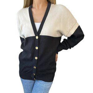 CHANEL Vintage CC Logo Cardigan Bi-color Sweater #M Button Cream Black [104053]